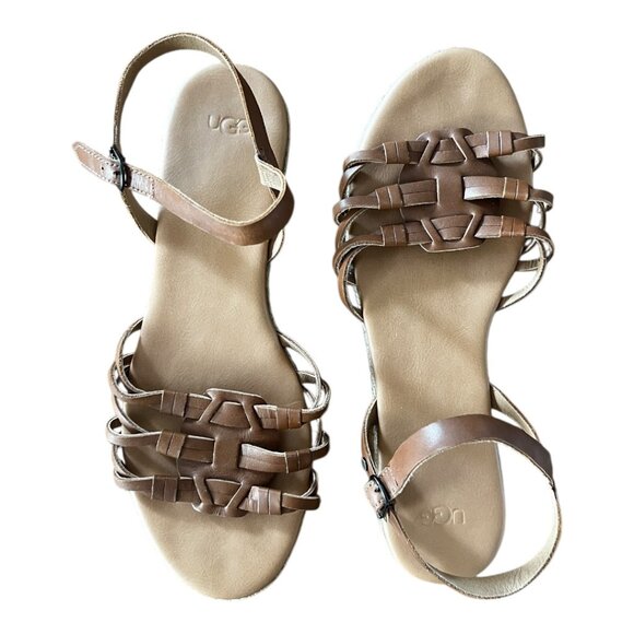 UGG Women’s Leather Sandals Brown Strappy Woven Flat Size 11 NWT/NWB - Picture 1 of 5